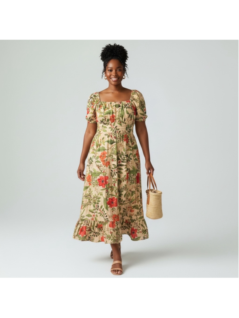Size 14 London Times linen blend puff sleeve smocked floral midi/maxi dress